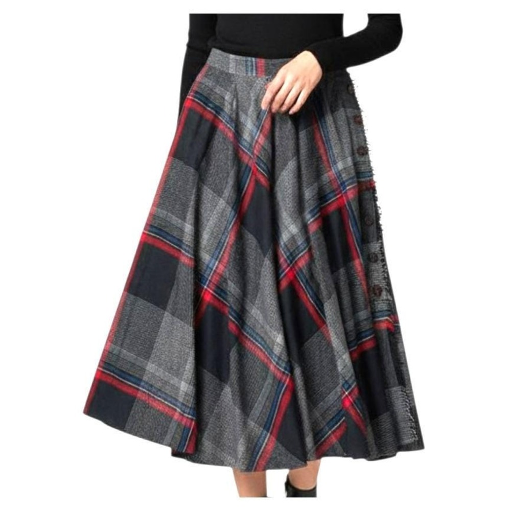 VTG Century of Boston WOOL BLEND PLAID A-LINE MAXI SKIRT Side Buttons w/Fringe M - Picture 1 of 6